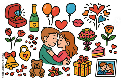 Playful Proposal Icons. Colorful Hand-drawn doodle Children illustration Engagement and wedding proposal diamond ring, ring box, champagne bottle, rose petals,