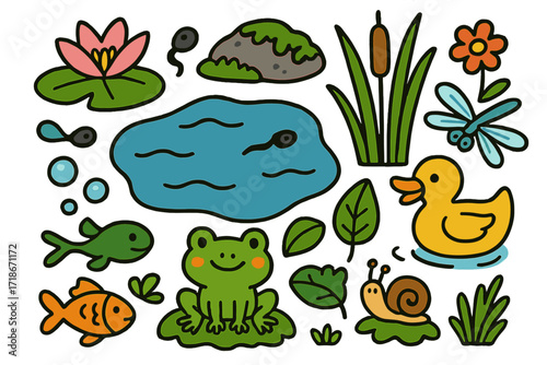 Mossy Pond Doodles. Colorful Hand-drawn doodle Children illustration Mossy Pond Scene water lily, pond rock, moss, frog, tadpole, reeds, dragonfly, duck,