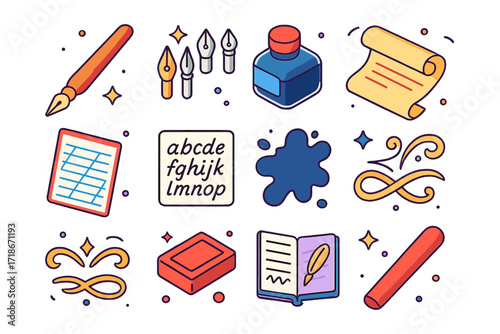 Isometric Calligraphy Tools. Colorful isometric vector icons set of Dip pen calligraphy: wooden dip pen, metal nibs set, ink bottle with lid, parchment scroll,