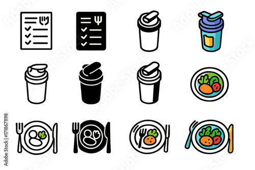 Nutrition Coaching Icon Set. Icon Set of Nutrition coaching: meal plan, protein shake, healthy plate. Icons set in vector style, emblematic variations. Meal