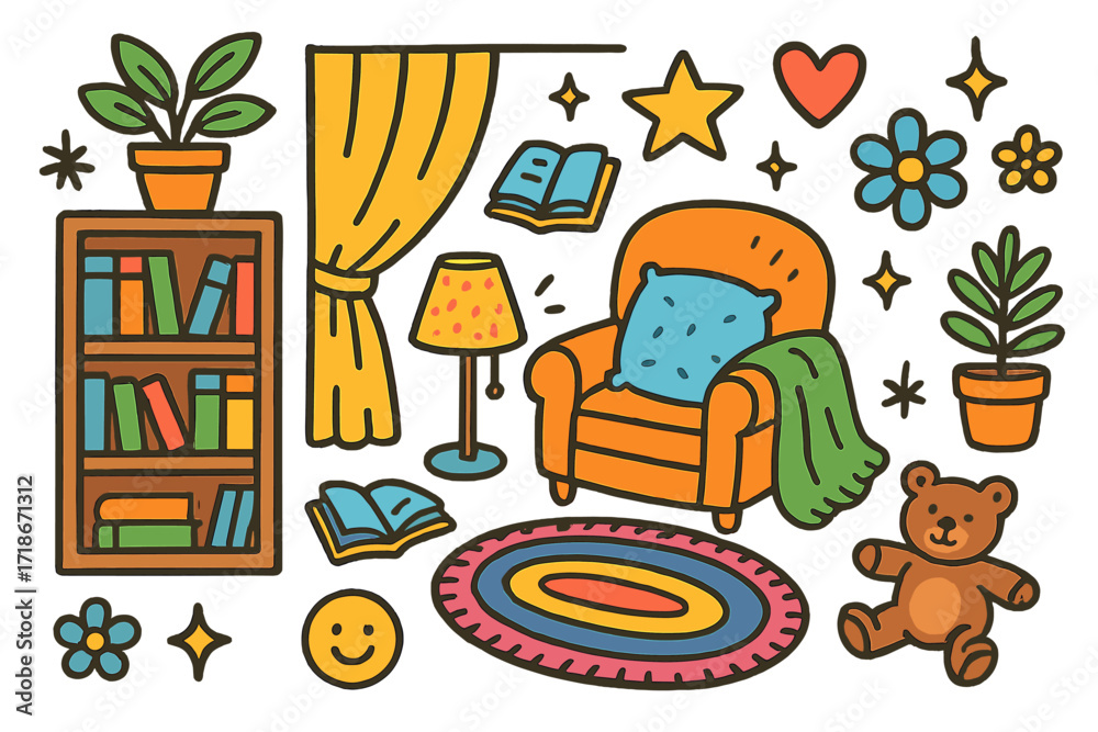 Fototapeta premium Cozy Reading Nook. Colorful Hand-drawn doodle Children illustration Cozy reading nook bookshelf, book, pillow, blanket, teddy bear, rug, lamp, chair, star,