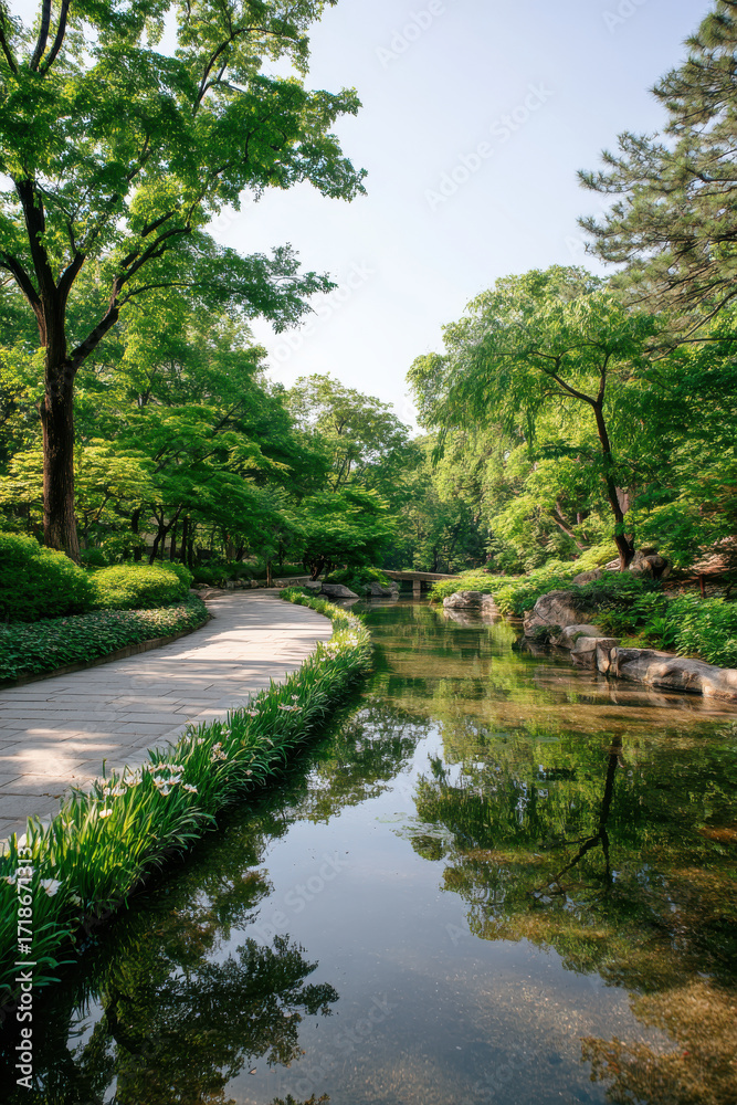 Fototapeta premium tranquil garden path with augmented reality markers for meditation surrounded by calm waters and nature reflections