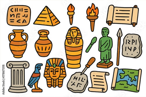 Ancient Civilization Icons. Colorful Hand-drawn doodle Children illustration [Ancient civilizations research] [clay tablet, pyramid, torch, scroll, pottery,