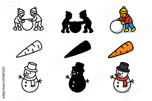 Snowman Icon Set. Icon Set of Building a snowman together: children rolling snowballs, carrot nose, snowman with scarf. Icons set in vector style, emblematic