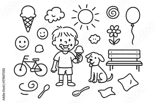 Childhood Ice Cream Joy. Hand-drawn doodle illustration Childhood ice cream memories [kid with cone, smile, scoop, messy face, bike, dog, park bench, sun,