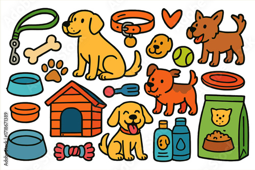Colorful Dog Doodle. Dogs. Colorful Hand-drawn doodle Children illustration Dogs leash, collar, dog bone, tennis ball, paw print, kennel, chew toy, dog bowl,