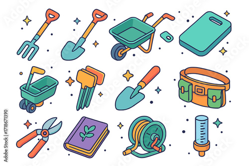 Garden Tools Icons. Colorful isometric vector icons set of Garden tools and accessories: garden fork, hoe, wheelbarrow, kneeling pad, seed spreader, plant