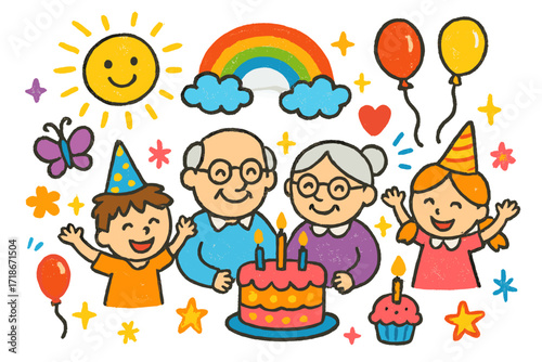 Grandparents' Birthday Bash. Colorful Hand-drawn doodle Children illustration Celebrating with Grandparents grandparents, cake, balloons, children, rainbow,