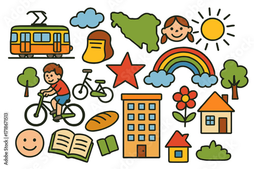 Yugoslavia Daily Life Doodles. Colorful Hand-drawn doodle Children illustration Daily Life in Yugoslavia [tram, bus, apartment block, bicycle, bread, star,
