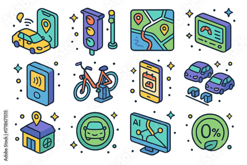 Smart Mobility Icons. Colorful isometric vector icons set of smart mobility systems: electric car sharing app, smart traffic light, route optimization map,