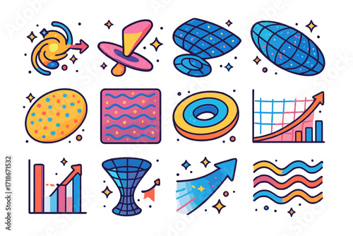 Expanding Universe Icons. Colorful isometric vector icons set of Expanding universe phenomena: early galaxy redshift, quasar light beam, stretching cosmic
