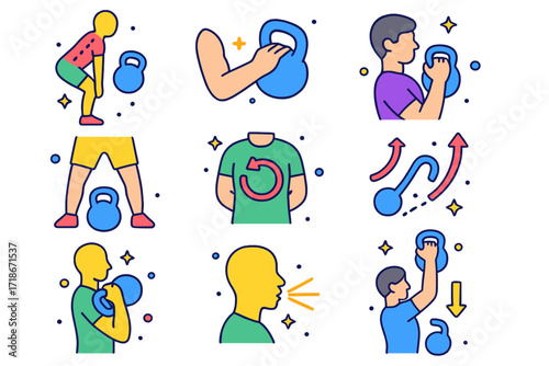 Kettlebell Safety Icons. Colorful isometric vector icons set of kettlebell safety and form cues: proper back alignment, neutral wrist position, eye gaze