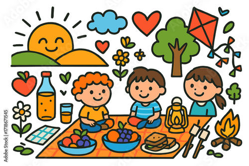Sunset Picnic Doodle. Colorful Hand-drawn doodle Children illustration Sunset picnic sun setting, heart, juice bottle, sandwiches, blanket, flower, cloud,