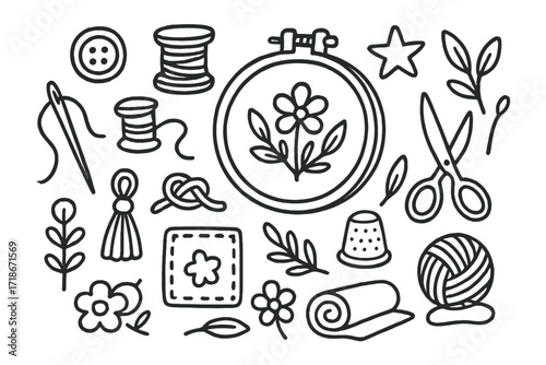 Embroidery Icons Doodle. Hand-drawn doodle illustration Hand embroidery [embroidery hoop, needle, thread, spool, button, tassel, knot, patch, flower, leaf,