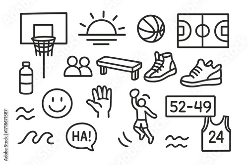 Sunset Basketball Doodle. Hand-drawn doodle illustration Sunset basketball session hoop, sun icon, ball, court lines, sneakers, water bottle, bench, hand up,