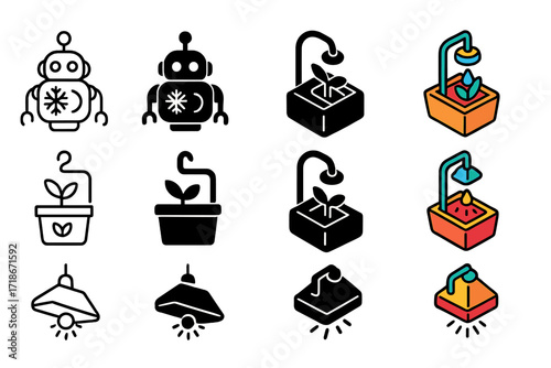 Greenhouse Automation Icons. Icon Set of Greenhouse Automation: Climate control robot, Automated watering system, Smart lighting unit. Icons set in vector