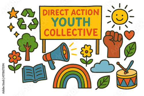 Youth Protest Doodle Icons. Colorful Hand-drawn doodle Children illustration Direct Action Youth Collective protest banner, recycling logo, megaphone, raised