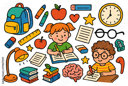 Colorful Study Doodles. Colorful Hand-drawn doodle Children illustration studying and homework backpack, ruler, eraser, crayons, notebook, paper stack, apple,