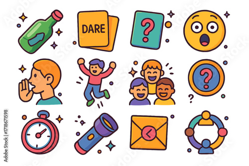 Truth or Dare Icons. Colorful isometric vector icons set of truth or dare confessions: spinning bottle, dare card, truth card, shocked emoji, whisper face,