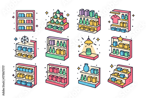 Isometric Shelf Icon Set. Colorful isometric vector icons set of display shelf layouts: symmetrical shelf design, pyramid-style product layout, vertical