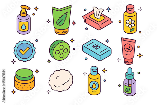 Sensitive Skin Icons. Colorful isometric vector icons set of sensitive skin removal routine: hypoallergenic cleanser, aloe gel, fragrance-free wipe, chamomile