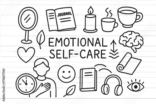 Emotional Self-Care Icons. Hand-drawn doodle illustration Emotional self-care [mirror, journal, candle, tea cup, heart, brain, leaf, yoga mat, clock, hand on