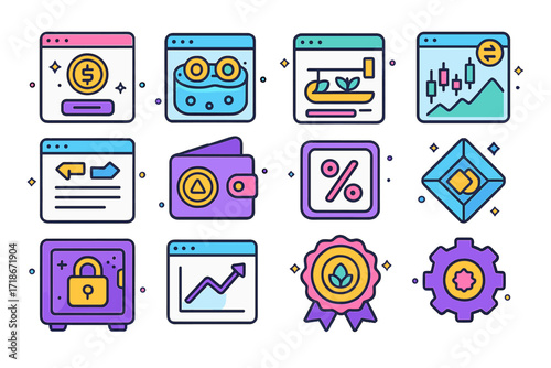 Decentralized Finance Icons. Colorful isometric vector icons set of decentralized finance (DeFi) tools: staking interface, liquidity pool dashboard, farming