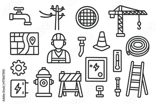 Urban Infrastructure Blueprint. Hand-drawn doodle illustration Urban infrastructure planning blueprint, water pipe, electric pole, sewer cover, crane, road