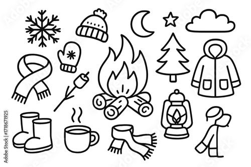 Winter Bonfire Doodle. Hand-drawn doodle illustration Winter bonfire [bonfire flames, logs, snowflake, mitten, hat, scarf, boots, cup, marshmallow on stick,