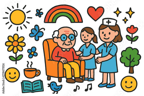 Colorful Caring Scene. Colorful Hand-drawn doodle Children illustration Caring for Seniors elderly person, nurse, chair, heart, rainbow, sun, flower,