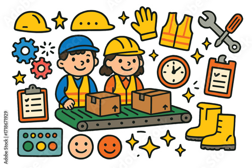 Children's Factory Fun. Colorful Hand-drawn doodle Children illustration Assembly Line Operators conveyor belt, boxes, gears, wrench, screwdriver, helmet,