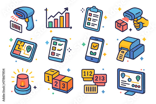 Isometric Inventory Icons. Colorful isometric vector icons set of inventory management tools: barcode reader, stock level graph, product list clipboard, hand