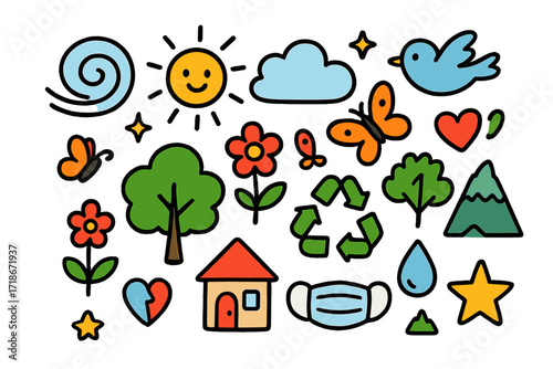 Vibrant Nature Doodles. Colorful Hand-drawn doodle Children illustration Clearing the smoke wind swirl, sun, cloud, sparkle, bird, butterfly, flower, tree,