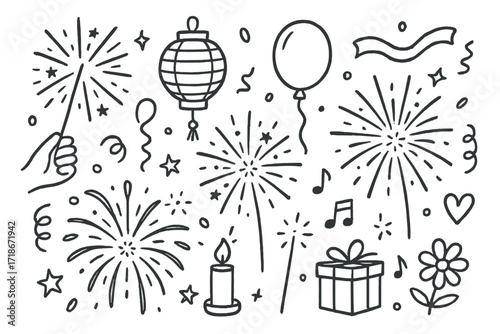 Festival Celebration Doodles. Hand-drawn doodle illustration Festival Sparklers [sparkler, lantern, balloon, ribbon, confetti, star, sparkle, burst, candle,