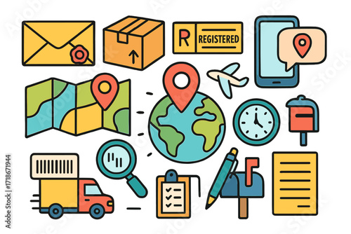 Mail Tracking Doodles. Colorful Hand-drawn doodle Children illustration Mail and parcel tracking [envelope, package, registered sticker, barcode, smartphone,