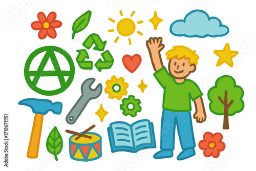 Creative Green Workshop Icons. Colorful Hand-drawn doodle Children illustration Anarchist Green Workshop hammer, wrench, gears, recycling symbol, tree, flower,