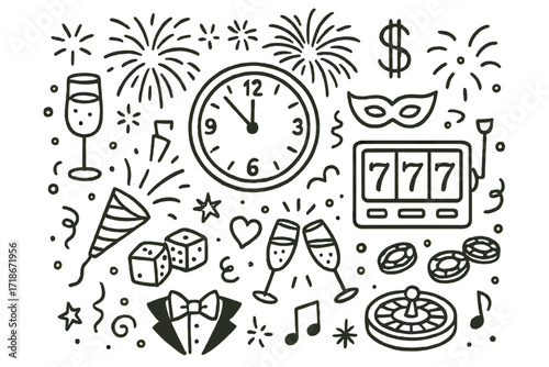 Casino Party Countdown. Hand-drawn doodle illustration Countdown at the casino party clock striking midnight, fireworks, champagne glass, party popper, dice,