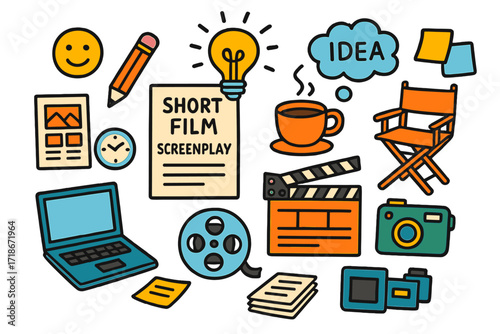 Creative Screenwriting Doodles. Colorful Hand-drawn doodle Children illustration Writing a screenplay for a short film script pages, pencil, lightbulb, coffee