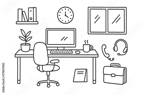 Modern Office Doodle. Hand-drawn doodle illustration Modern office workspace [desk, swivel chair, monitor, keyboard, mouse, bookshelf, folder, plant, clock,