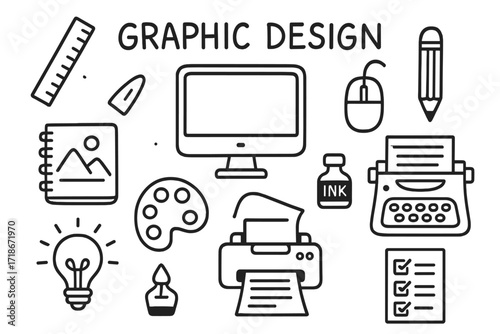 Graphic Design Essentials. Graphic Design. Hand-drawn doodle illustration catalog mockup, computer screen, mouse, ruler, pencil, sketchbook, palette,
