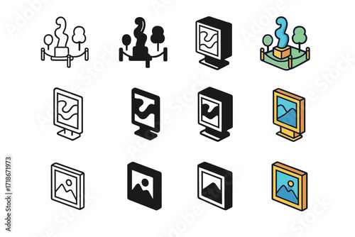 Colorful Art Icon Set. Icon Set of Special exhibits: sculpture garden, digital art screen, framed photography. Icons set in vector style, emblematic