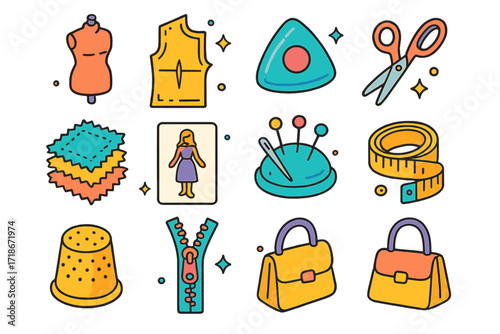 Fashion Model Icons. Colorful isometric vector icons set of fashion model prototyping: dress mannequin, paper pattern, sewing chalk, scissors, dress form