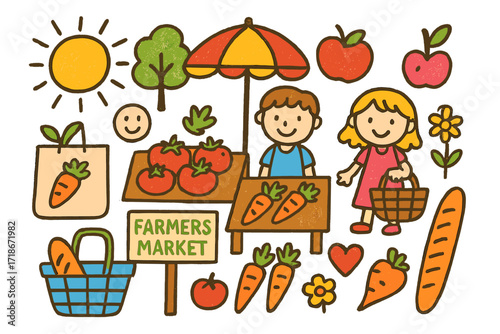 Colorful Farmers Market Doodles. Colorful Hand-drawn doodle Children illustration farmers market tomatoes, carrots, apple, shopping basket, reusable bag,