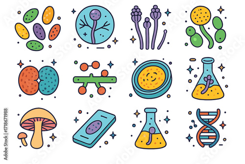 Colorful Fungi Icons. Colorful isometric vector icons set of microscopic fungi elements: fungal spores, hypha under microscope, conidia, sporangium, zygospore,