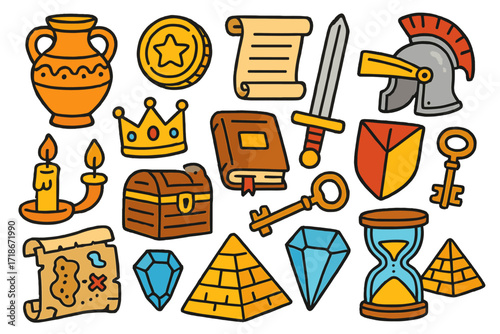 Ancient Artifacts Icons. Colorful Hand-drawn doodle Children illustration historic artifacts ancient vase, golden coin, scroll, crown, sword, shield, helmet,