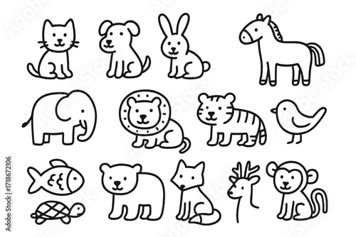 Animal Figurine Doodles. Animal figurines. Hand-drawn doodle illustration animal figurines cat, dog, rabbit, horse, elephant, lion, tiger, bird, fish, turtle,