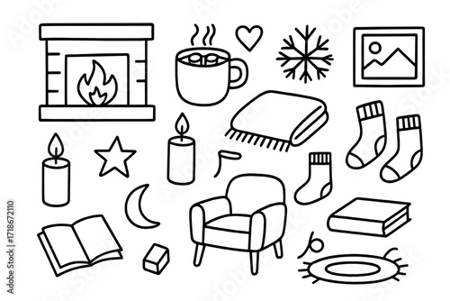 Cozy Winter Doodles. Hand-drawn doodle illustration Cozy winter evening [fireplace, mug, marshmallows, blanket, socks, heart, snowflake, candle, slippers,