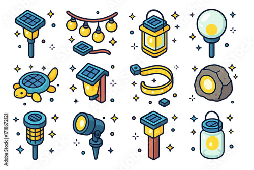 Colorful Solar Light Icons. Colorful isometric vector icons set of solar-powered garden lights: solar panel stake light, solar fairy string, solar lantern with