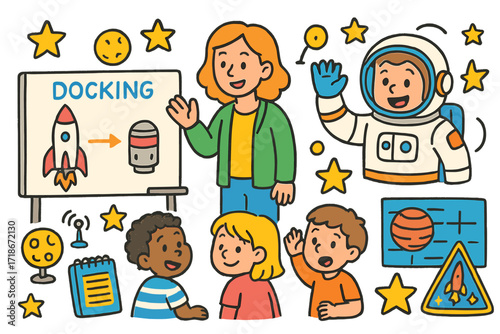 Space Learning Doodle. Colorful Hand-drawn doodle Children illustration Learning about docking whiteboard, rocket sketch, docking diagram, smiling astronaut,