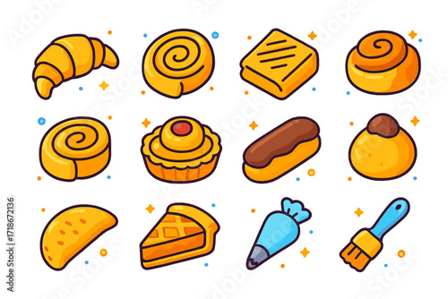 Colorful Pastry Icons. Pastry. Colorful isometric vector icons set of pastry: croissant, Danish swirl, puff pastry, strudel slice, cinnamon roll, tart, eclair,